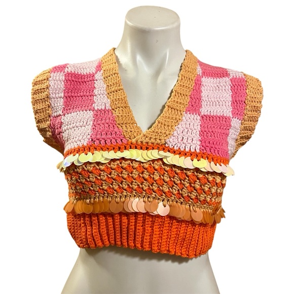 Erika Maish Colorful Crochet Vest Crop Top with Sequins
